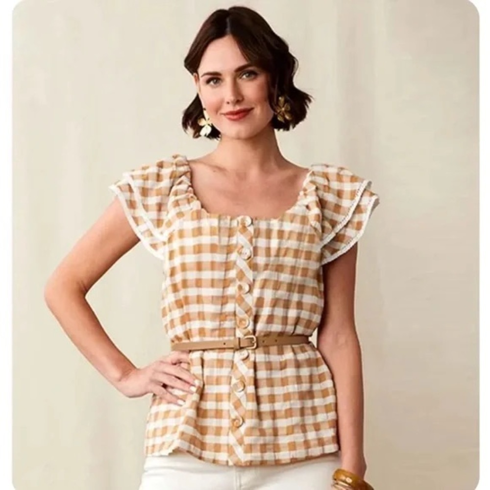 Matilda Jane Beige and White Gingham Annabelle off the shoulder Blouse